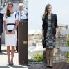 Kate Middleton e Letizia Ortiz usam vestidos com a mesma estrura; a duquesa elege um modelo minimalista que comprou na liquidação e incrementa o visual com sapatos e clutch em azul, enquanto o destaque do look da rainha fica no blazer e nas estampas