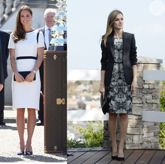 Kate Middleton e Letizia Ortiz usam vestidos com a mesma estrura; a duquesa elege um modelo minimalista que comprou na liquidação e incrementa o visual com sapatos e clutch em azul, enquanto o destaque do look da rainha fica no blazer e nas estampas