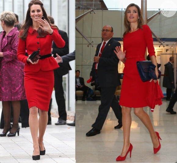 Novamente, o vermelho reina no look das realezas; Kate Middleton com seu modelo clássico contra o visual 'vermelho total' de Letizia Ortiz