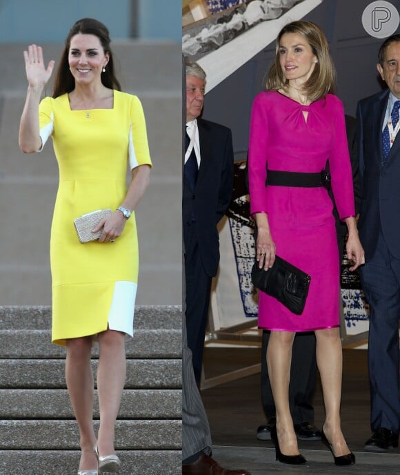 Em cores mais vibrantes, Kate Middleton e Letizia Ortiz escolhem assessórios para completarem o look em harmonia