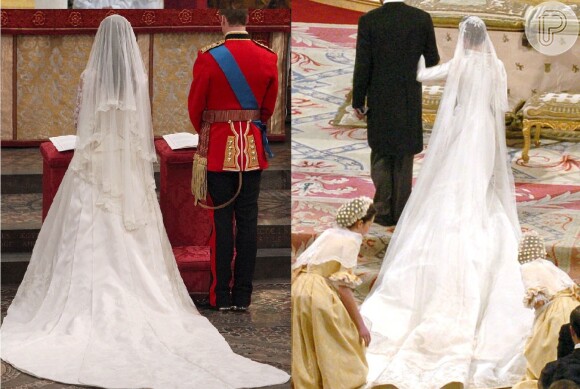 O véu e a cauda enorme trazem certa familiaridade ao vestido de noiva de Kate Middleton e Letizia Ortiz
