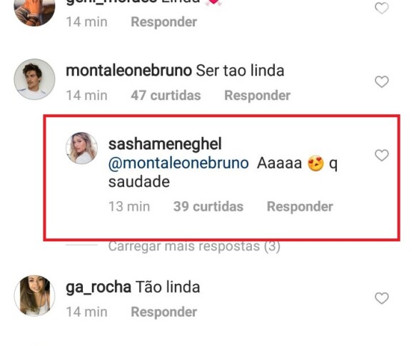 Sasha Meneghel ganha comentário carinhoso do namorado, Bruno Montaleone