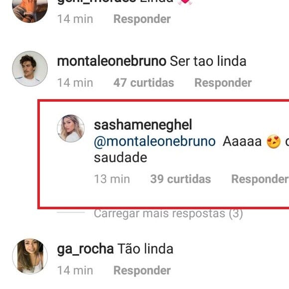 Sasha Meneghel ganha comentário carinhoso do namorado, Bruno Montaleone