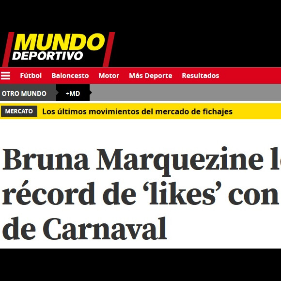 Bruna Marquezine bateu recorde de curtidas com foto de carnaval, disse o 'Mundo Deportivo'