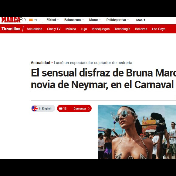 Bruna Marquezine foi assunto no espanhol 'Marca' pelo look ousado no Bloco da Favorita