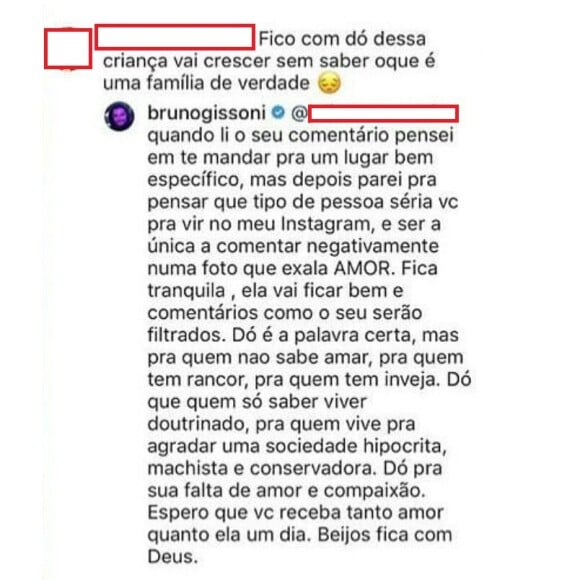 Bruno Gissoni responde comentário maldoso de internauta sobre família