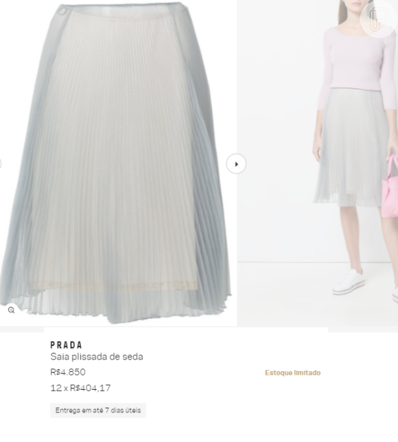 A saia plissada usada por Carla Salle custa R$ 4.850 no site da Farfetch