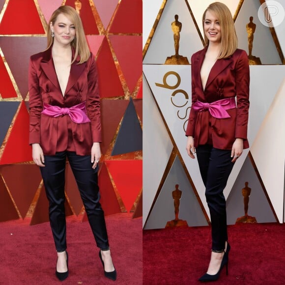 Emma Stone inova ao apostar em blazer e calça Louis Vitton como look do Oscar 2018