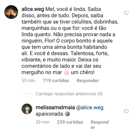 Alice Wegmann defendeu Mel Maia após críticas ao seu corpo na tarde deste domingo, dia 11 de março de 2018