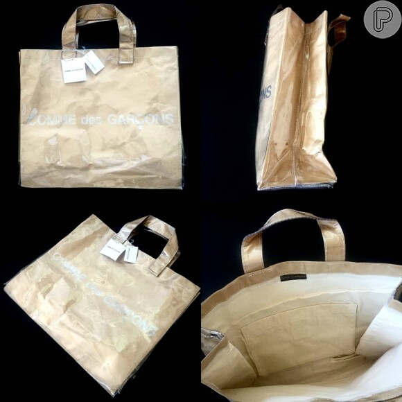 A marca janopensa Comme Des Garçons uniu papel e plástico em vinil nas shopping bags com seu nome estampado. O acessório era vendido pelo site Grailed por cerca de 1.170 (preço promocional), mas está temporariamente esgotada
