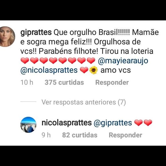 'Que orgulho, Brasil. Mamãe e sogra mega feliz. Orgulhosa de vocês. Parabéns, filhote! Tirou na loteria. Amo vocês', escreveu Giselle Prattes, mãe de Nicolas Prattes, no Instagram