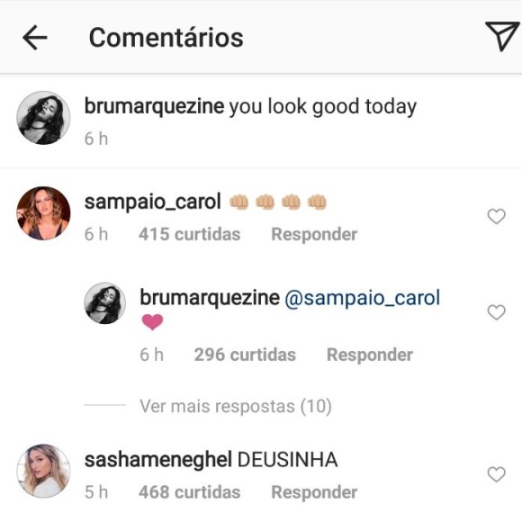 Sasha Meneghel elogiou a foto de Bruna Marquezine: 'Deusinha'