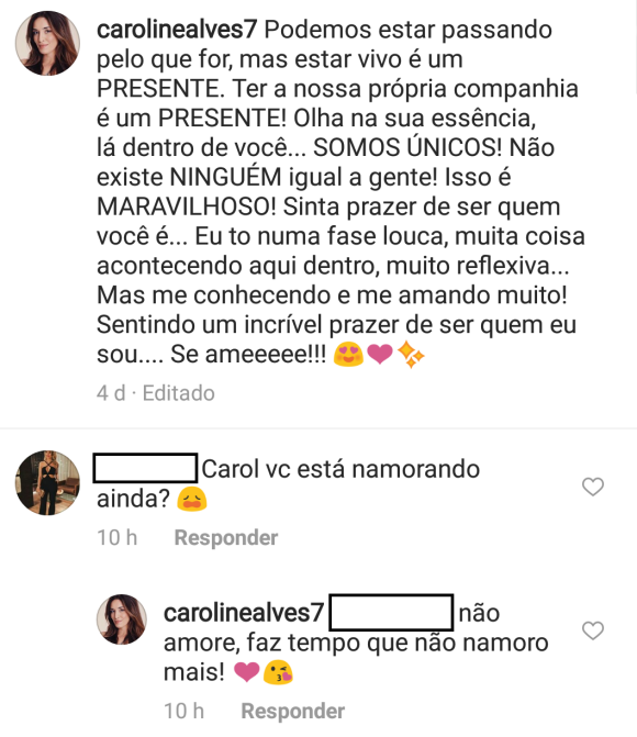Carol Alves anunciou fim do namoro com Fernando Medeiros ao responder seguidora no Instagram