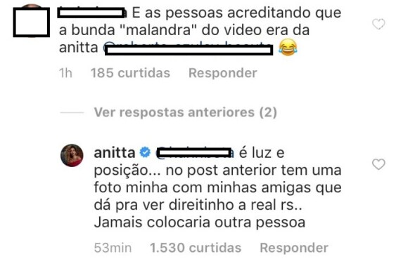 Anitta responde fã após comentário sobre seu bumbum