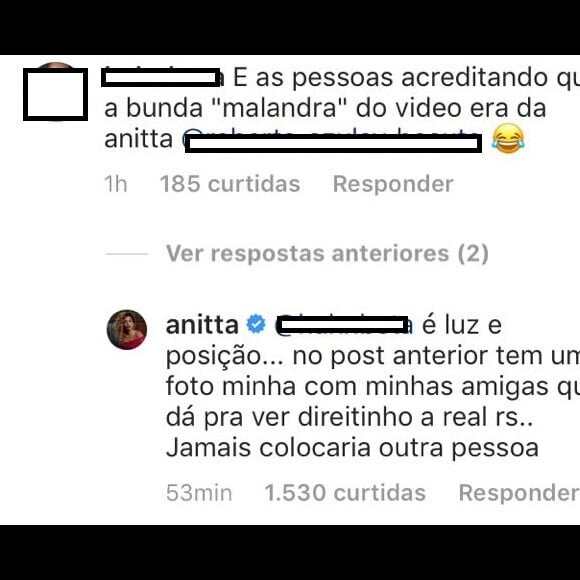 Anitta responde fã após comentário sobre seu bumbum