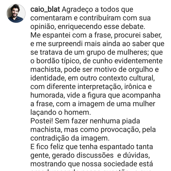 Caio Blat se defendeu após ser chamado de machista nesta quinta-feira, 26 de abril de 2018