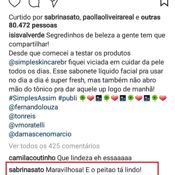 Sabrina Sato elogia novas curvas de Isis Valverde em foto