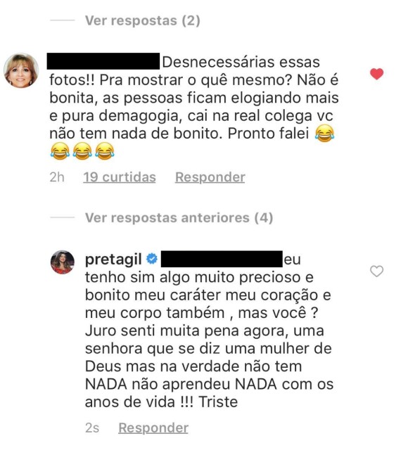 Uma internauta disse que as fotos do corpo de Preta Gil eram 'desnecessárias' e que ela 'não era bonita'