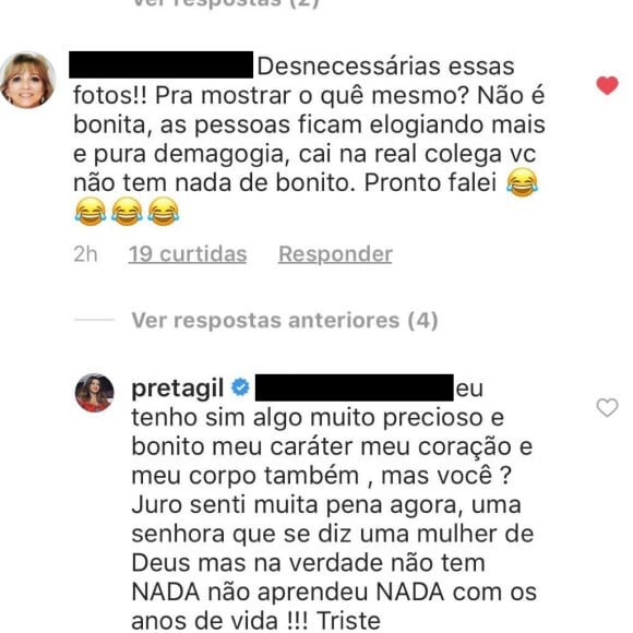 Uma internauta disse que as fotos do corpo de Preta Gil eram 'desnecessárias' e que ela 'não era bonita'