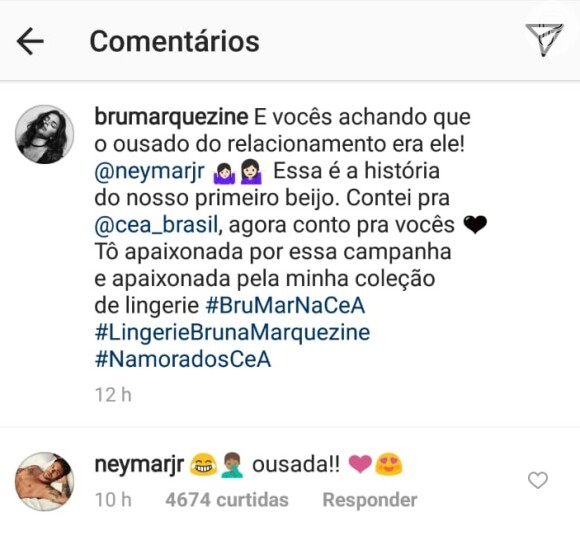 'E vocês achando que o ousado do relacionamento era ele!', brincou Bruna Marquezine no Instagram