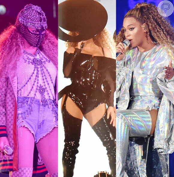 Máscara, vinil e efeito holográfico marcaram os figurinos de Beyoncé no primeiro show da turnê 'On the Run II', no estádio Principality, em Cardiff, no Reino Unido, nesta quarta-feira, 6 de junho de 2018. Confira os looks!