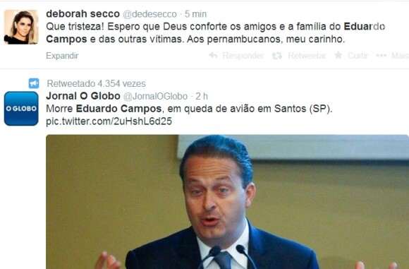 Deborah Secco lamenta a morte de Eduardo Campos pelas redes sociais: 'Que tristeza! Espero que Deus conforte os amigos e a família do Eduardo Campos e das outras vítimas. Aos pernambucanos, meu carinho.'