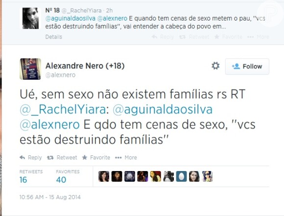 Alexandre Nero diz no Twitter de Aguinaldo Silva: 'Sem sexo não existem famílias'