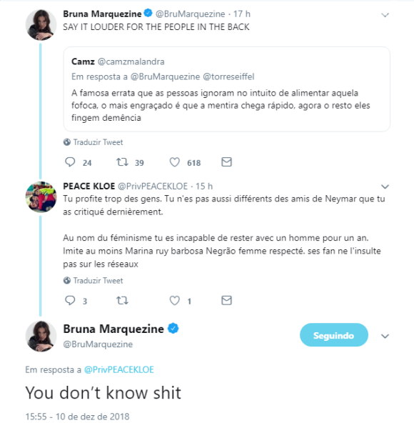 Bruna Marquezine rebate insulto de internauta que a comparou com amigos de Neymar