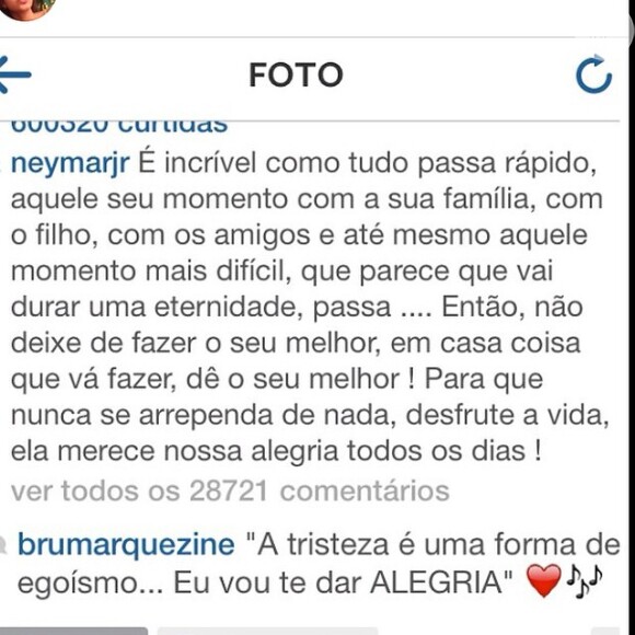 Neymar posta mensagem misteriosa no Instagram e Bruna Marquezine comenta com música de Maria Bethânia