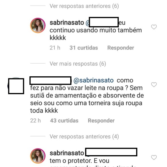 Sabrina Sato tira dúvida deseguidora sobre amamentação