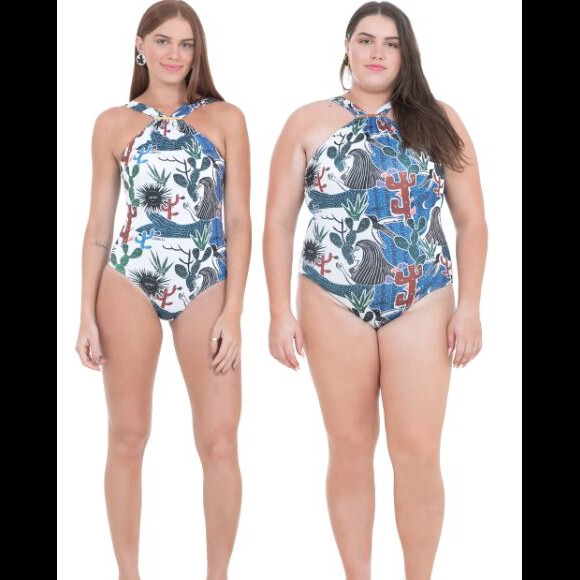 O maiô usado por Fátima Bernardes é da Rush Moda praia e tem desenhos de J. Borges, cordelista nordestino