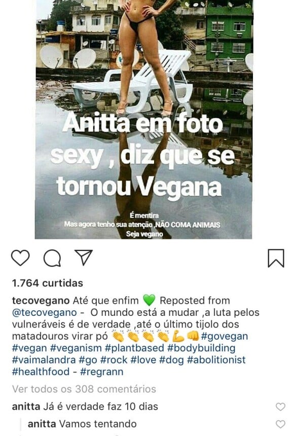 Anitta confirma que virou vegana: 'Faz 10 Dias. Vamos tentando'