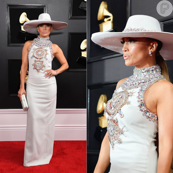 Looks do Grammy Awards 2019: JLo apostou no brilho das pedrarias e no chapéu.