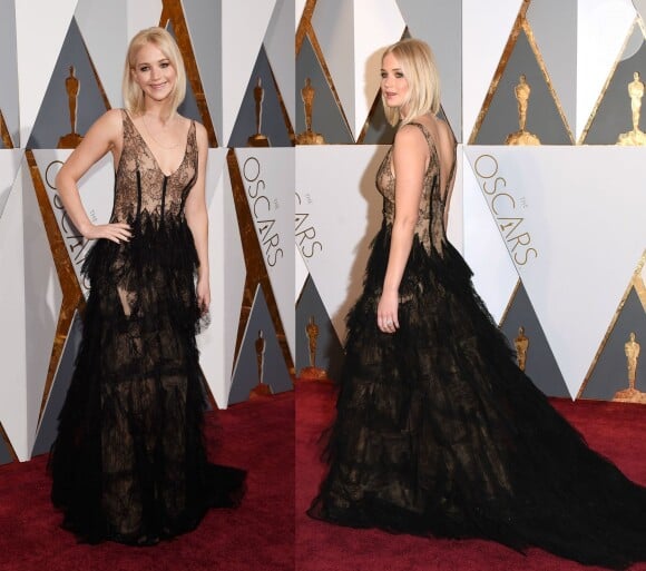 Jennifer Lawrence foi indicada ao prêmio de Melhor Atriz, por 'Joy' na 88ª edição do Oscar, em 2016.A garota-propaganda da Dior escolheu um vestido da marca, de renda preta, transparente e com penas da mesma cor na saia.
