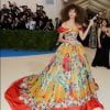 A atriz e cantora Zendaya escolheu um vestido de baile da Dolce & Gabbana Alta Moda para o MET Gala 2017. A tinha uma pegada tropical, não só por suas cores, como sua estampa, repleta de araras. 
