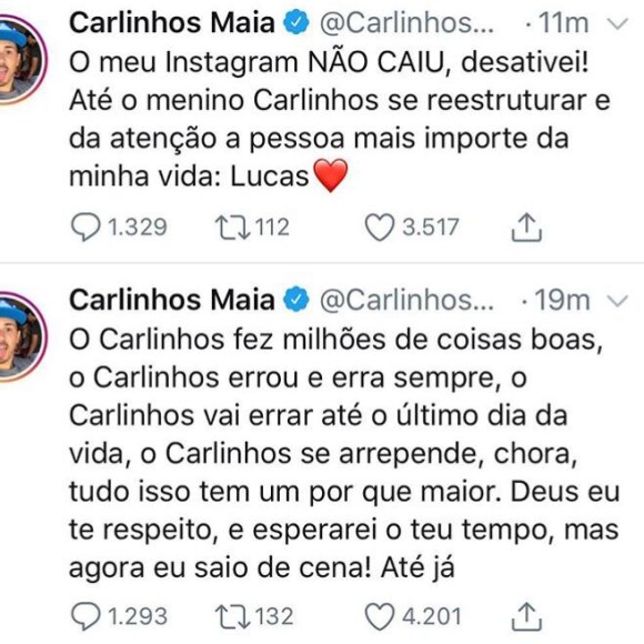 Carlinhos Maia desativa Twitter e afirma que irá curtir a lua de mel