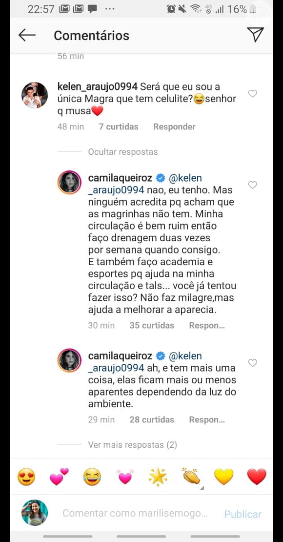 Camila Queiroz responde comentário de seguidor no Instagram nesta segunda-feira, dia 21 de outubro de 2019