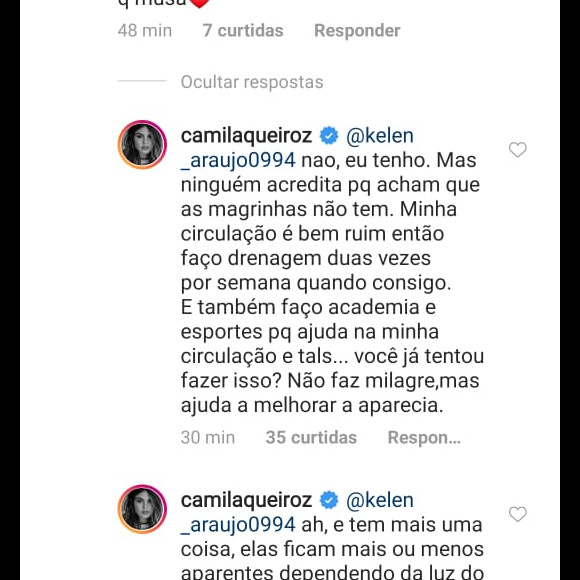 Camila Queiroz responde comentário de seguidor no Instagram nesta segunda-feira, dia 21 de outubro de 2019