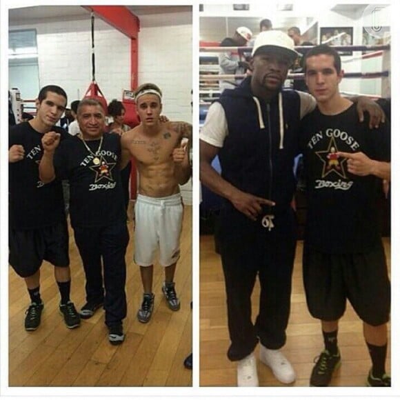 Simpático, Justin Bieber posou para fotos com o treinador de boxe Floyd Mayweather e amigos