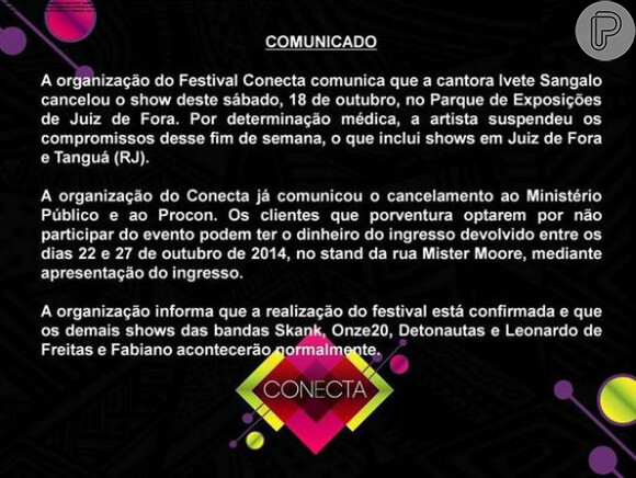 Detalhe do comunicado enviado pela organização do evento para explicar a ausência de Ivete nos shows