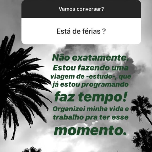 Veja resposta de Marina Ruy Barbosa dando detalhes de viagem de estudo pelos EUA nesta quinta-feira, dia 16 de janeiro de 2020