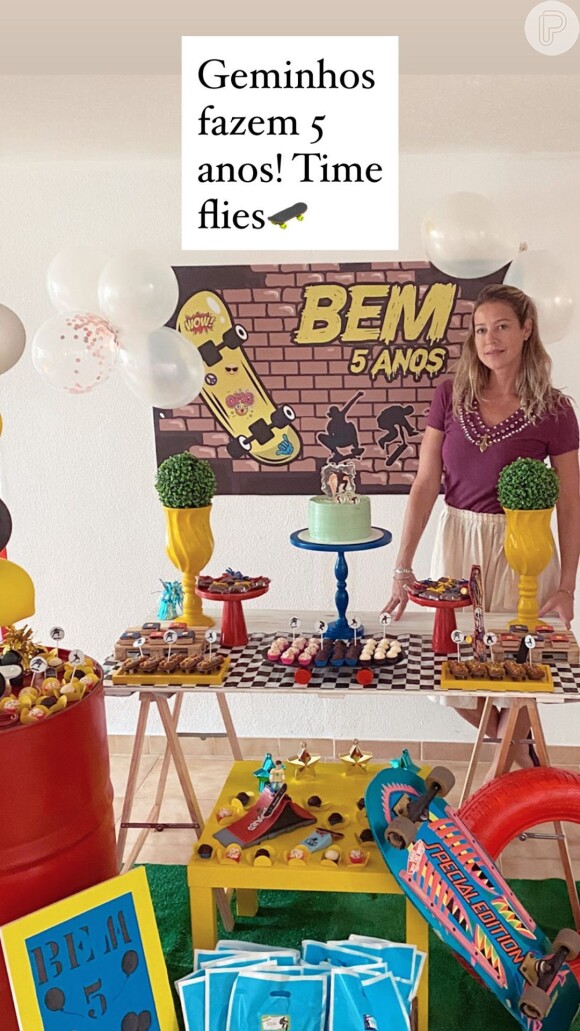 Luana Piovani mostrou a decoração da mesa do bolo de Bem, com o tema skate