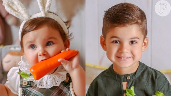 Filhos de Zé Neto e Natália Toscano, José Filho e Angelina posam em ensaio de Páscoa, em 27 de março de 2021