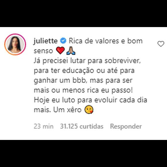 Juliette rebate comentário polêmico de Val Marchiori