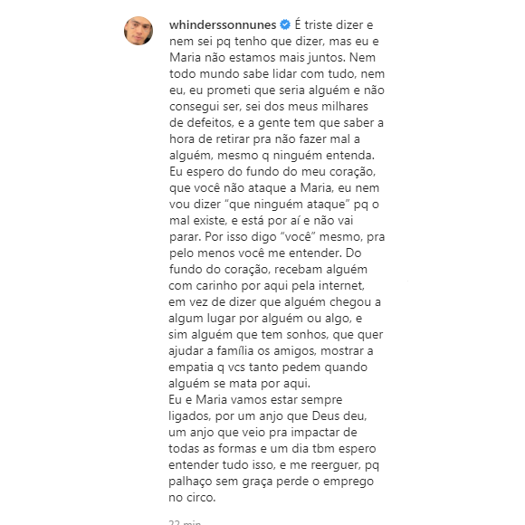 Whindersson Nunes escreve texto contando que ele e Maria Lina terminaram