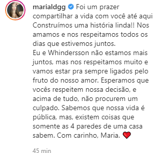 Maria Lina explica aos seguidores que ela e Whindersson terminaram noivado