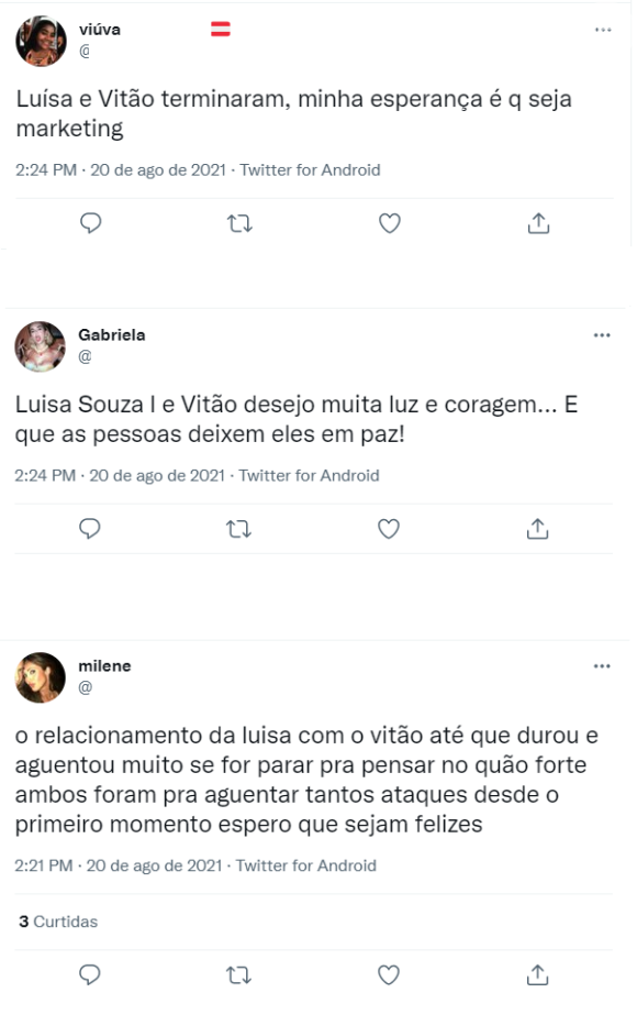 Internautas lamentam término de Luísa Sonza e Vitão