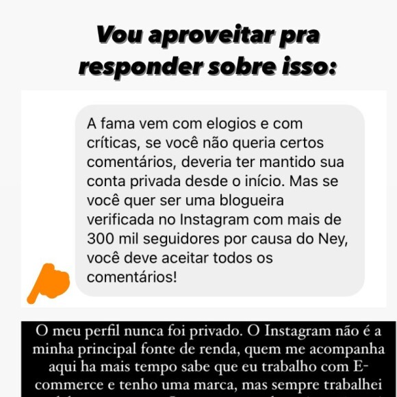 Uma seguidora afirmou que Bruna Biancardi deveria aceitar as críticas por ter escolhido se relacionar com Neymar e deixar o Instagram aberto