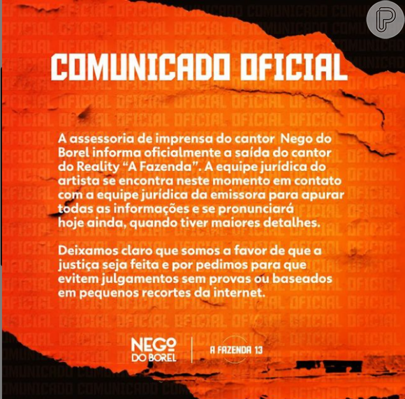 Representantes de Nego do Borel usaram o Instagram do cantor para comunicar a expulsão do peão de 'A Fazenda 13'