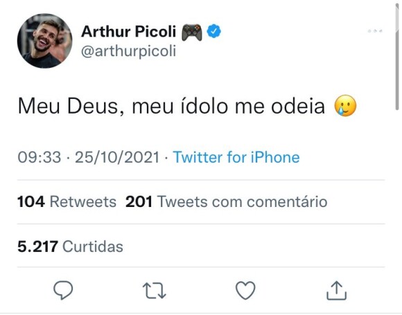 Arthur Picoli declarou: 'Meu ídolo me odeia'